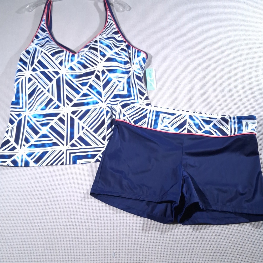 South Point Plus Geometric Tankini Set Blue White‎ Pink 22W Top 16W Shorts NWT